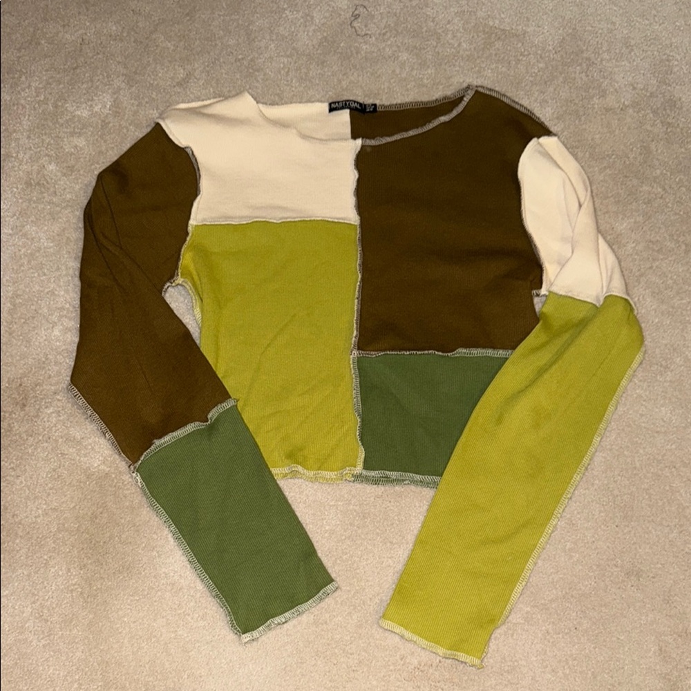 Nasty Gal Green and Brown Crew Neck Top Earthy Elegance